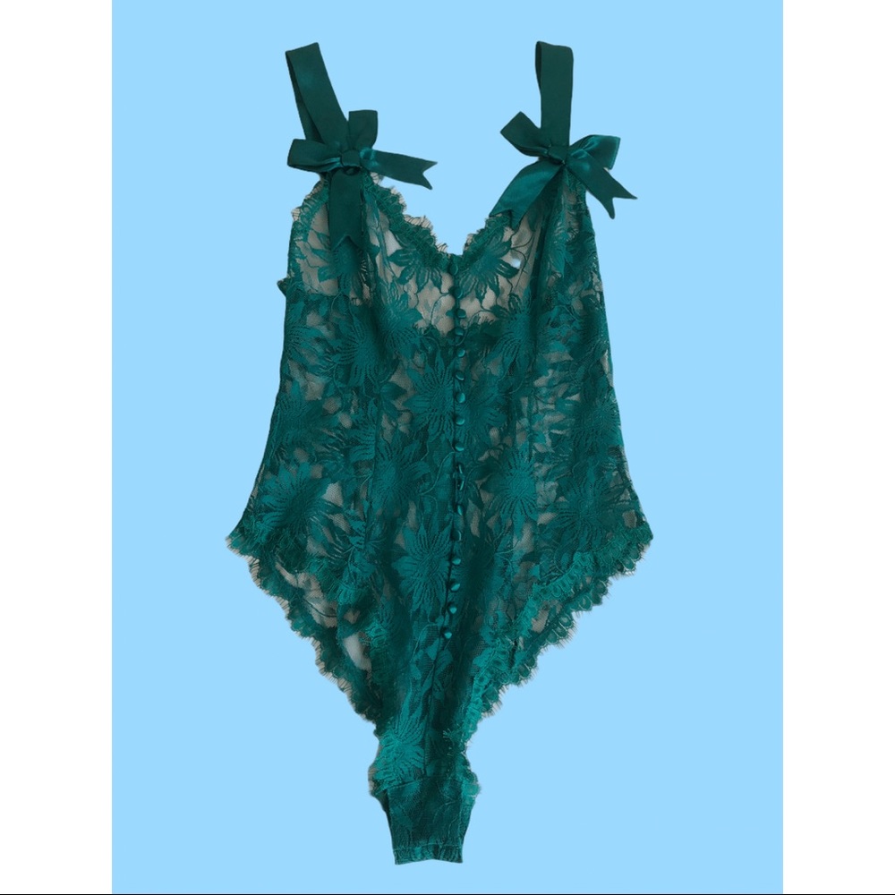 Emerald Green Lace Bodysuit/Teddy with Ribbon Straps and decor buttons